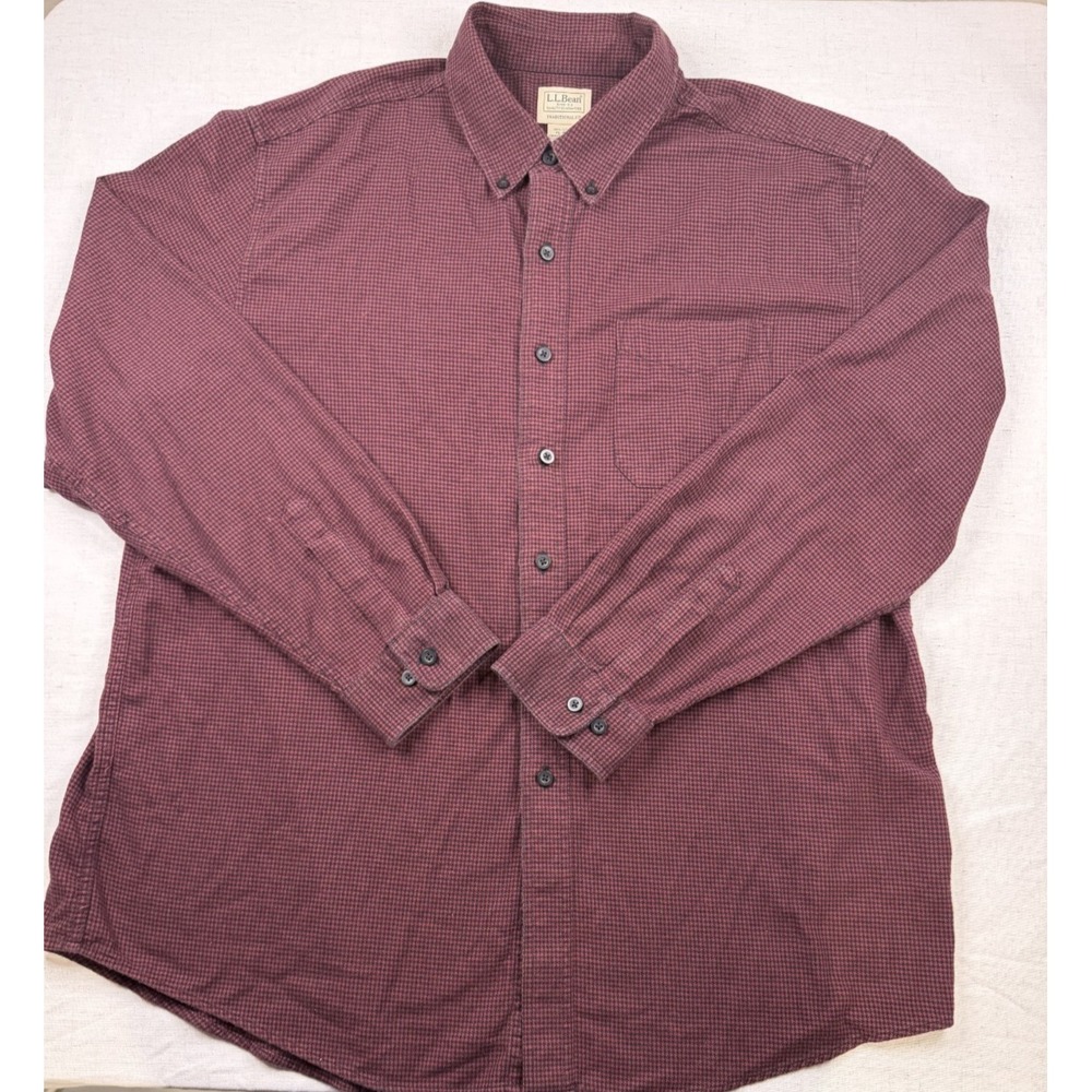 LL Bean Mens Button Front Shirt Red Black Houndstooth Flannel Long Sleeve Sz XL